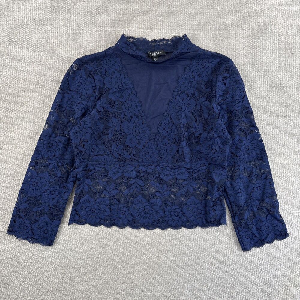 GUESS Navy Blue Lace Crop Top Mock Neck Sheer Fitted Shirt Medium 392